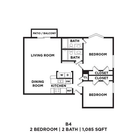 A black and white image of a floor plan for a B4 2 bedroom, 2 bathroom apartment.